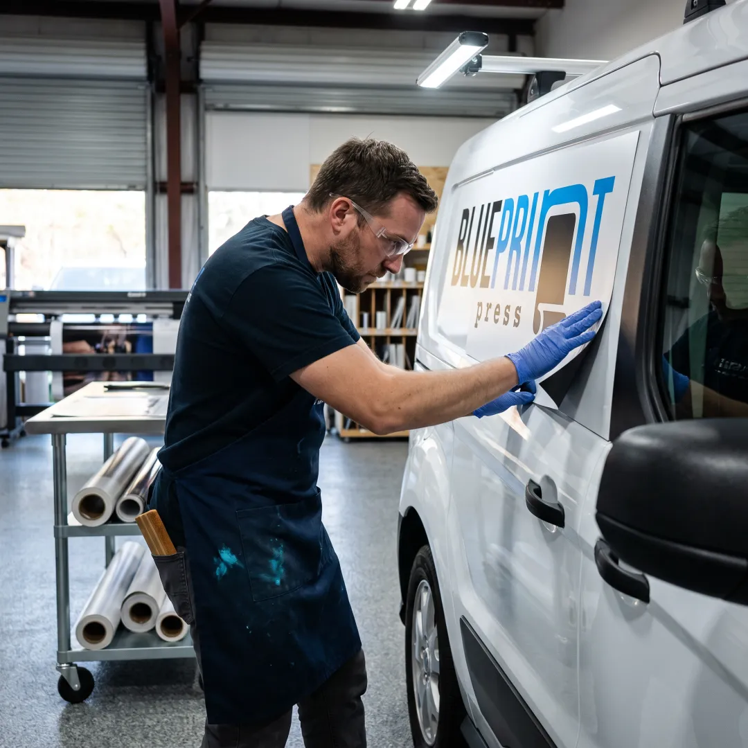 Designer applying a magnetic van sign
