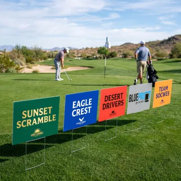 Custom sponsor yard signs beside a golf course tee box