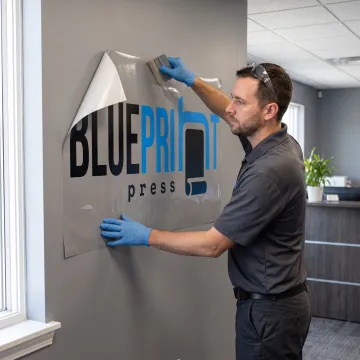 Installer applying a custom vinyl business logo