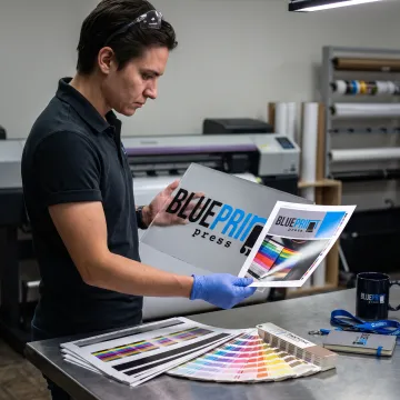 Professional preparing an acrylic logo sign display