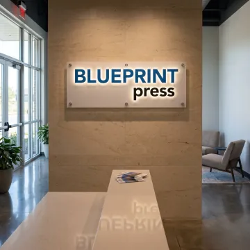 Custom acrylic business logo sign in a modern lobby