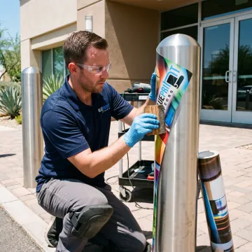 Technician applying a custom bollard wrap