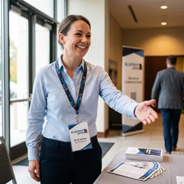 Staff member wearing a branded name badge