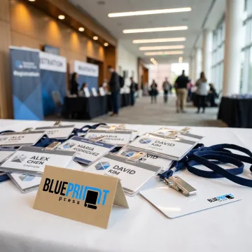 Custom branded magnetic name badges on a conference table