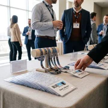 Custom name badges and branded lanyards at an event