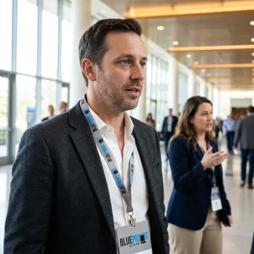 Event attendee wearing a branded lanyard and name badge