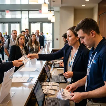Event staff wearing branded lanyards