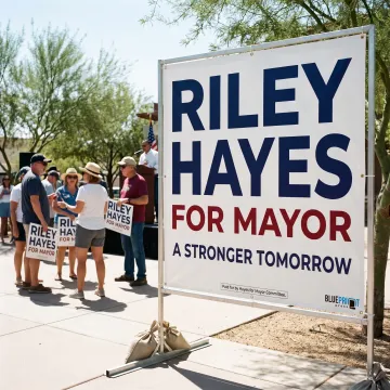 Custom political campaign banner at an outdoor rally