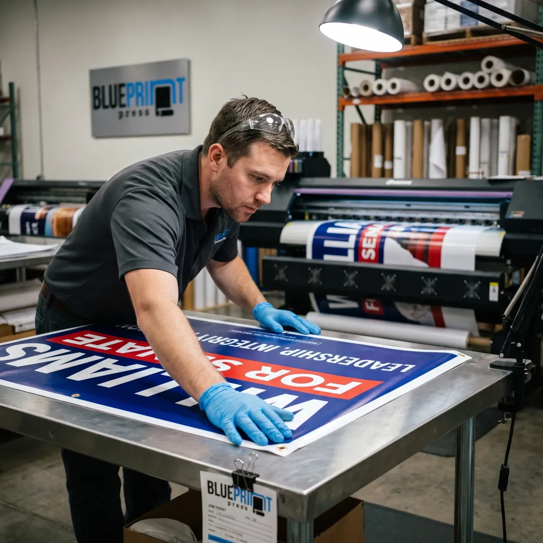 Print specialist preparing a political banner