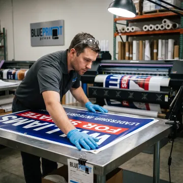 Print specialist preparing a political banner