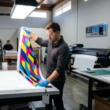 Print specialist preparing a custom vinyl banner