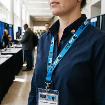 Team member wearing a custom ID lanyard