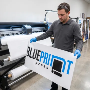 Print specialist reviewing a colorful banner
