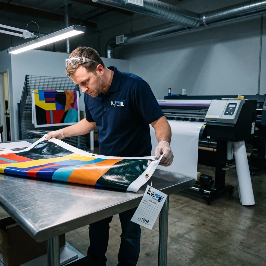 Print specialist reviewing a large custom vinyl banner