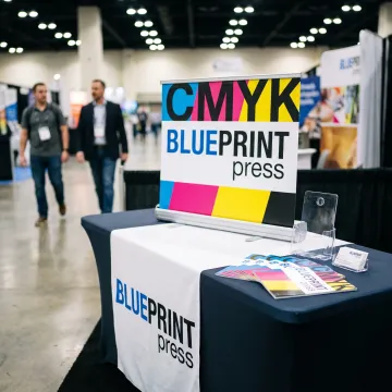 Custom table top banner at a trade show booth