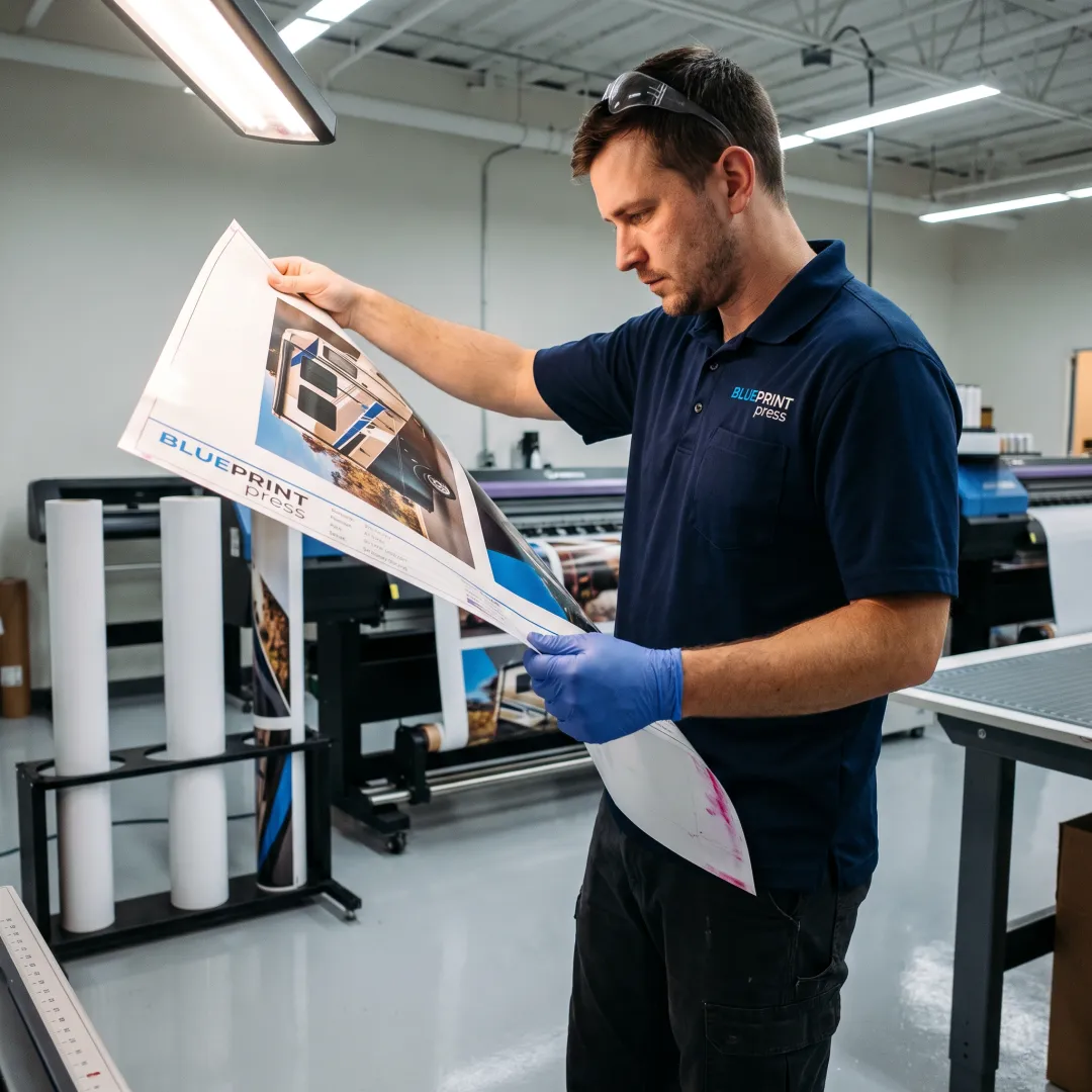 Print specialist reviewing a colorful RV graphic proof