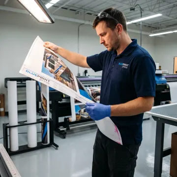 Print specialist reviewing a colorful RV graphic proof