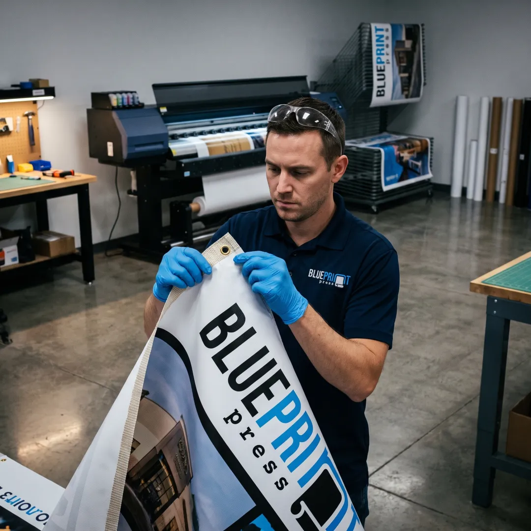 Print specialist preparing a custom banner