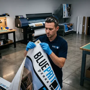 Print specialist preparing a custom banner