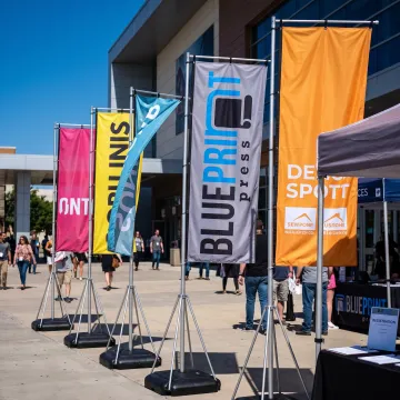 Custom rectangle banner flags displayed outdoors