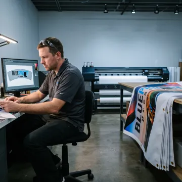Designer reviewing a custom-shaped banner proof