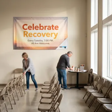 Custom Celebrate Recovery banner hanging in a meeting space