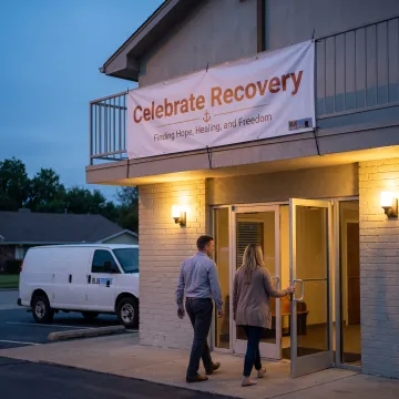 Celebrate Recovery welcome banner at a church entrance