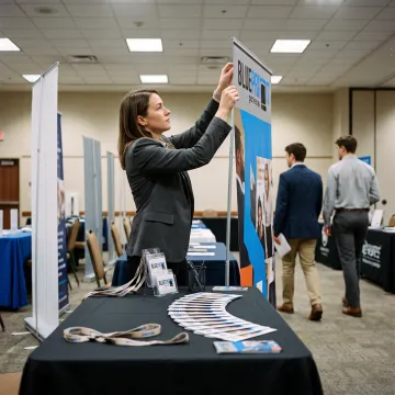 Recruiter setting up a custom job fair banner