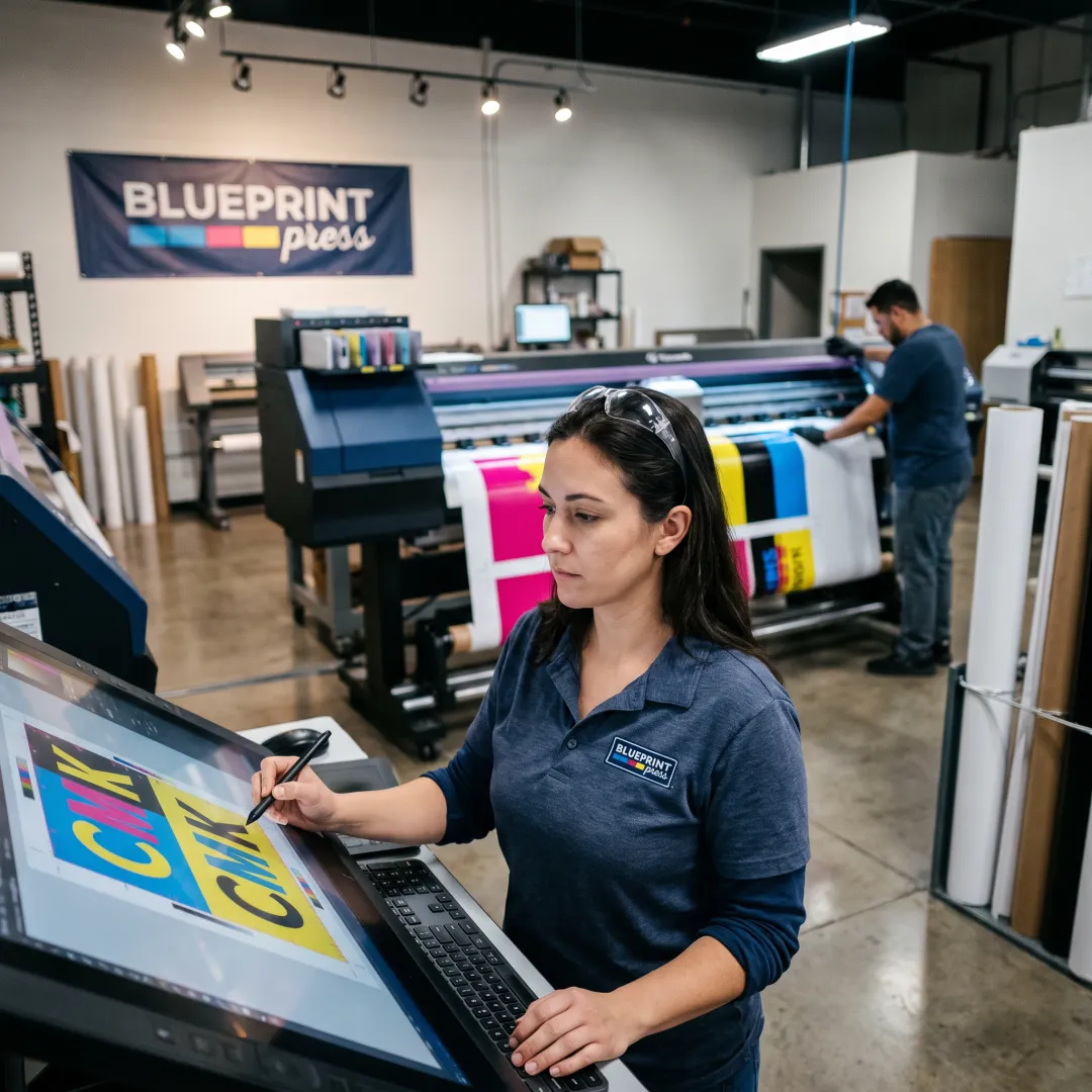 Designer preparing custom vinyl banner artwork