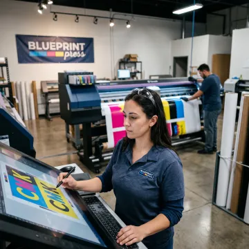 Designer preparing custom vinyl banner artwork