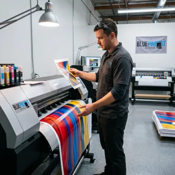 Print specialist preparing a large vinyl banner