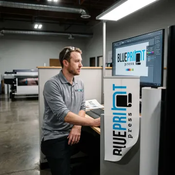 Designer preparing a custom vinyl banner