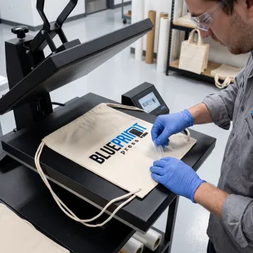 Printer applying a colorful logo to a drawstring bag