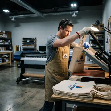 Print specialist preparing custom tote bags