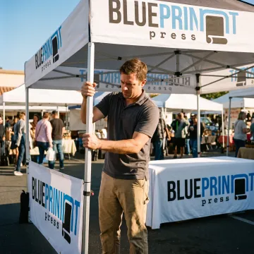 Vendor setting up a custom branded canopy tent