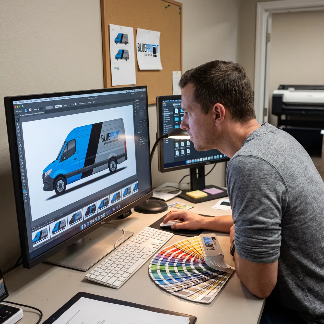 Designer preparing colorful vehicle wrap artwork
