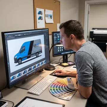 Designer preparing colorful vehicle wrap artwork