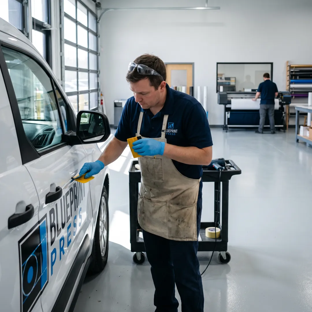 Technician applying vinyl graphic to car door