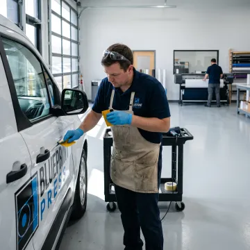 Technician applying vinyl graphic to car door