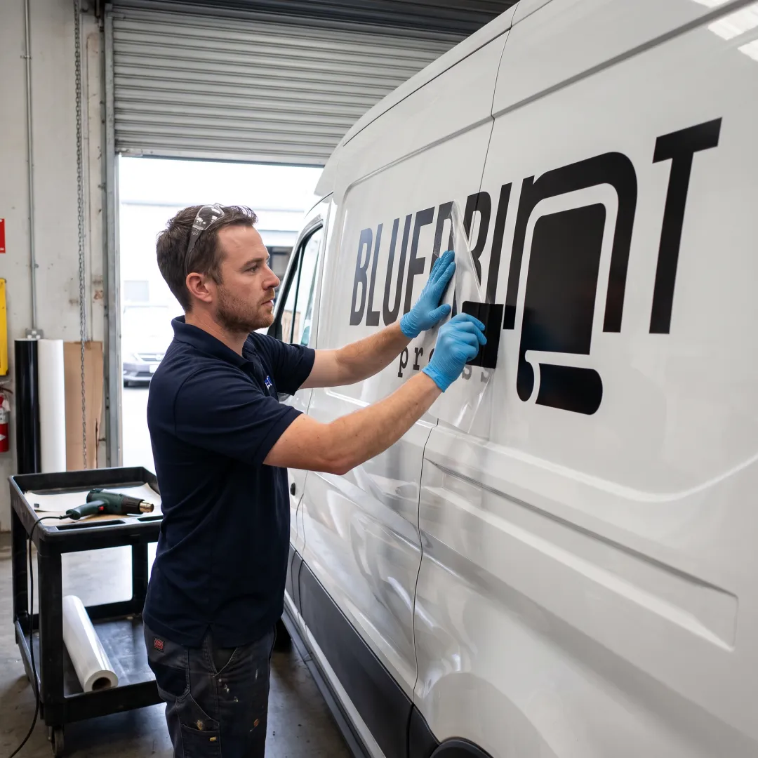 Technician applying vinyl lettering to a van