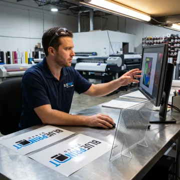 Designer preparing custom car window cling artwork