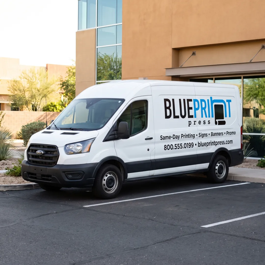 Colorful custom vinyl graphics on a branded van