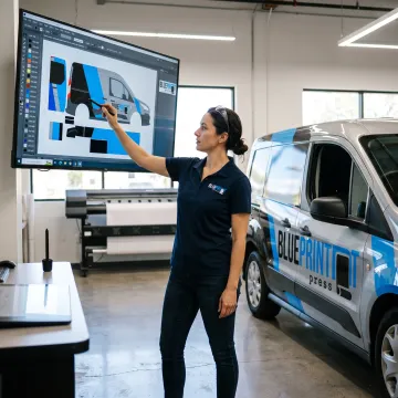 Designer preparing custom vehicle wrap graphics
