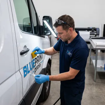 Designer applying vinyl decal to business van