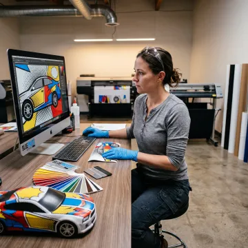 Designer creating comic vehicle wrap artwork