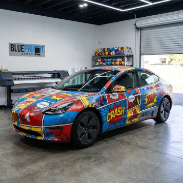 Comic book style vinyl wrap on a car