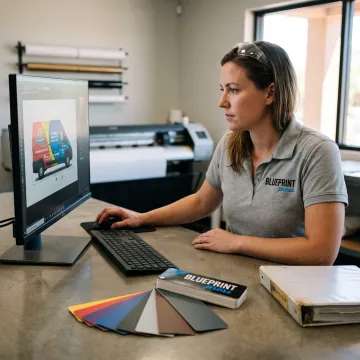 Designer preparing custom vehicle wrap graphics