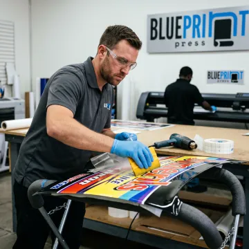Technician applying vinyl race car decal