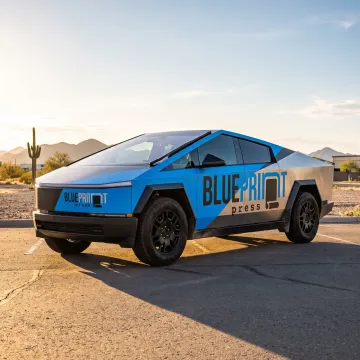 Custom printed vinyl graphics on a Cybertruck