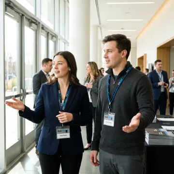 Staff wearing branded lanyards at an event